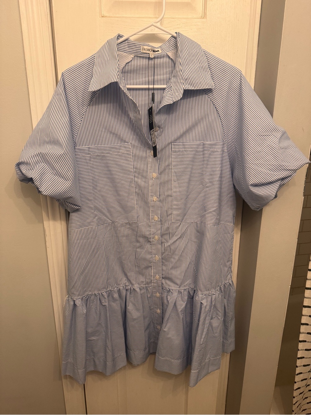 Fashion Nova Light Blue Striped Casual Button-Down Shirt NWT